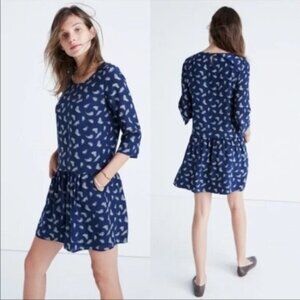 NWOT Madewell x Sezane Anna Drop Waist Silk Leaf Print Dress Blue Size 2